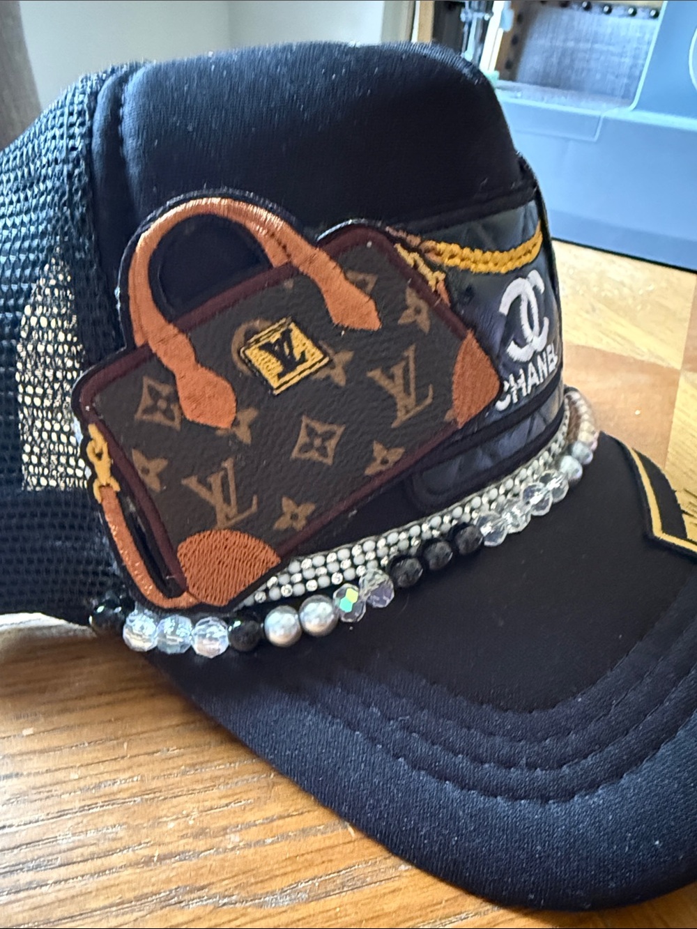Trucker Hat Black Embellished Beaded Designer Style Patch Cap Handmade - Picture 5 of 6
